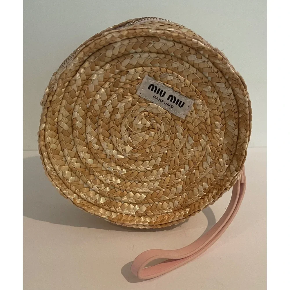Miu Miu Parfums Round Woven Straw‎ Wristlet Vanity Case Cosmetic Travel Bag Gym